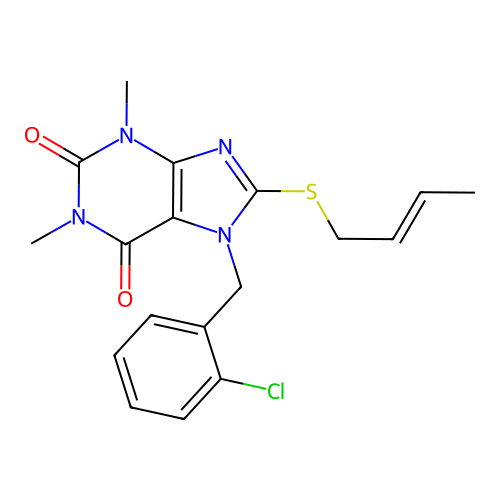 8-[(E)-but-2-enyl]sulfanyl-7-[(2-chlorophenyl)methyl]-1,3-dimethylpurine-2,6-dione structure