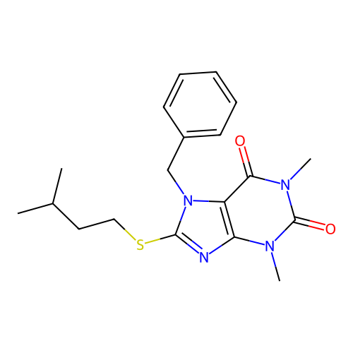 7-Benzyl-8-(isopentylthio)-1,3-dimethyl-3,7-dihydro-1H-purine-2,6-dione structure