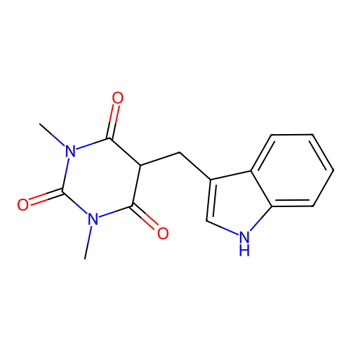 5-(1H-indol-3-ylmethyl)-1,3-dimethyl-2,4,6(1H,3H,5H)-pyrimidinetrione structure