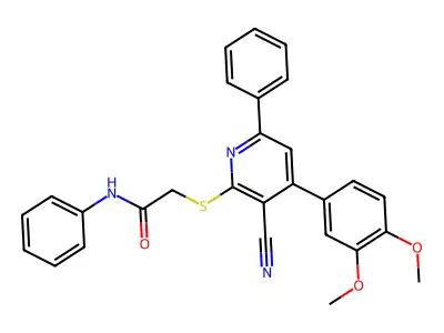 2-((3-Cyano-4-(3,4-dimethoxyphenyl)-6-phenylpyridin-2-yl)thio)-N-phenylacetamide structure