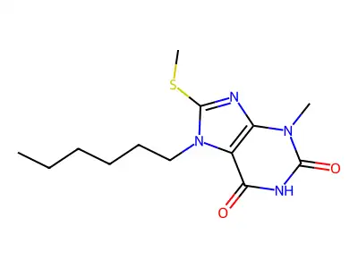 7-hexyl-3-methyl-8-(methylsulfanyl)-3,7-dihydro-1H-purine-2,6-dione structure