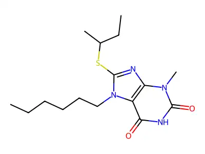 8-(sec-butylsulfanyl)-7-hexyl-3-methyl-3,7-dihydro-1H-purine-2,6-dione structure