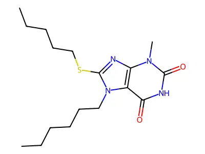 7-hexyl-3-methyl-8-(pentylsulfanyl)-3,7-dihydro-1H-purine-2,6-dione structure