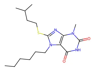 7-hexyl-8-(isopentylsulfanyl)-3-methyl-3,7-dihydro-1H-purine-2,6-dione structure