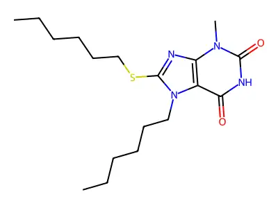 7-hexyl-8-(hexylsulfanyl)-3-methyl-3,7-dihydro-1H-purine-2,6-dione structure