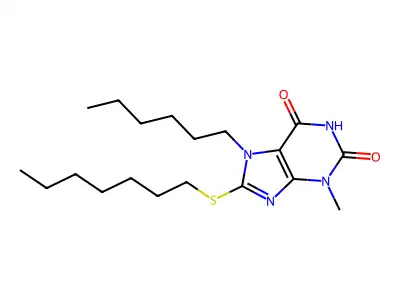 8-(heptylsulfanyl)-7-hexyl-3-methyl-3,7-dihydro-1H-purine-2,6-dione structure