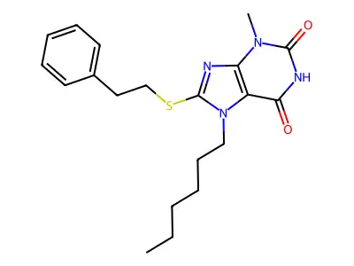 7-hexyl-3-methyl-8-[(2-phenylethyl)sulfanyl]-3,7-dihydro-1H-purine-2,6-dione structure