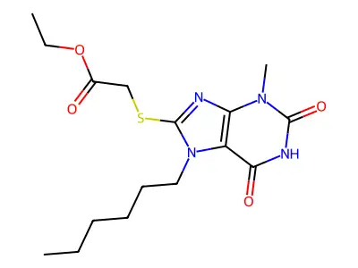 Ethyl 2-(7-hexyl-3-methyl-2,6-dioxo-1,3,7-trihydropurin-8-ylthio)acetate structure