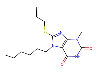 7-Hexyl-3-methyl-8-prop-2-enylsulfanylpurine-2,6-dione structure