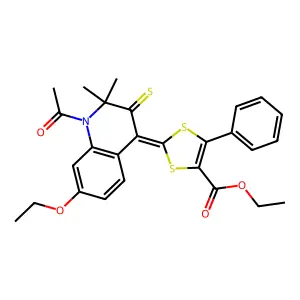 (Z)-ethyl 2-(1-acetyl-7-ethoxy-2,2-dimethyl-3-thioxo-2,3-dihydroquinolin-4(1H)-ylidene)-5-phenyl-1,3-dithiole-4-carboxylate structure