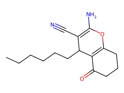 2-amino-4-hexyl-5-oxo-5,6,7,8-tetrahydro-4H-chromene-3-carbonitrile structure