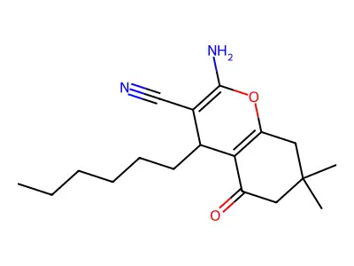 2-amino-4-hexyl-7,7-dimethyl-5-oxo-5,6,7,8-tetrahydro-4H-chromene-3-carbonitrile structure