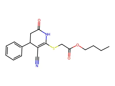 Butyl 2-((3-cyano-6-oxo-4-phenyl-1,4,5,6-tetrahydropyridin-2-yl)thio)acetate structure