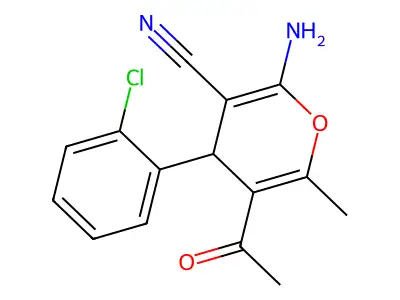 5-acetyl-2-amino-4-(2-chlorophenyl)-6-methyl-4H-pyran-3-carbonitrile structure