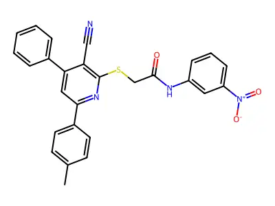 2-((3-Cyano-4-phenyl-6-(p-tolyl)pyridin-2-yl)thio)-N-(3-nitrophenyl)acetamide structure