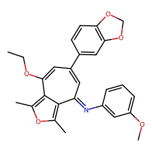 (E)-N-(6-(benzo[d][1,3]dioxol-5-yl)-8-ethoxy-1,3-dimethyl-4H-cyclohepta[c]furan-4-ylidene)-3-methoxyaniline structure