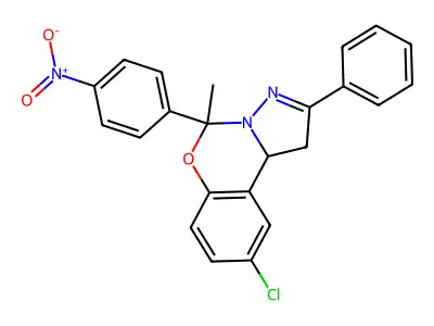 9-chloro-5-{4-nitrophenyl}-5-methyl-2-phenyl-1,10b-dihydropyrazolo[1,5-c][1,3]benzoxazine structure