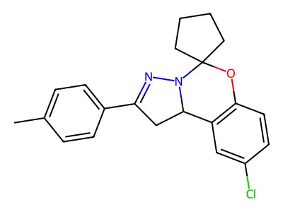 2-chloro-9-(4-methylphenyl)spiro[10aH-benzo[e]2-pyrazolino[1,5-c]1,3-oxazine-6,1'-cyclopentane] structure