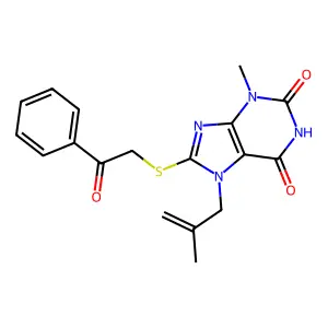 3-Methyl-7-(2-methylprop-2-enyl)-8-phenacylsulfanylpurine-2,6-dione structure