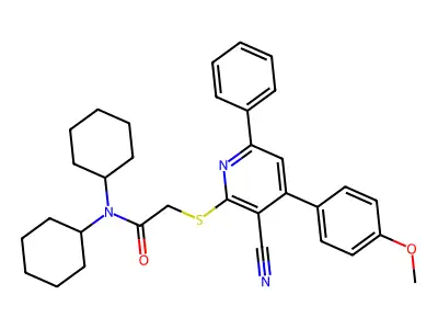 2-((3-Cyano-4-(4-methoxyphenyl)-6-phenylpyridin-2-yl)thio)-N,N-dicyclohexylacetamide structure