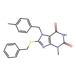 8-(benzylthio)-3-methyl-7-(4-methylbenzyl)-1H-purine-2,6(3H,7H)-dione structure