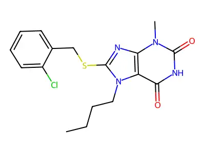 7-butyl-8-((2-chlorobenzyl)thio)-3-methyl-1H-purine-2,6(3H,7H)-dione structure