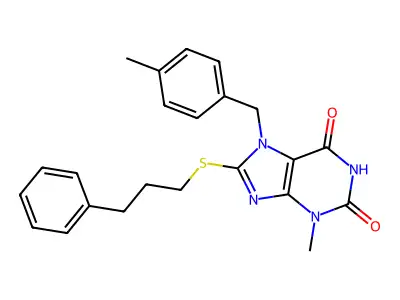3-methyl-7-(4-methylbenzyl)-8-((3-phenylpropyl)thio)-1H-purine-2,6(3H,7H)-dione structure