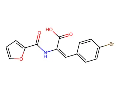 (E)-3-(4-bromophenyl)-2-(furan-2-carboxamido)acrylic acid structure
