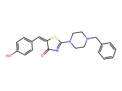 (E)-2-(4-benzylpiperazin-1-yl)-5-(4-hydroxybenzylidene)thiazol-4(5H)-one structure