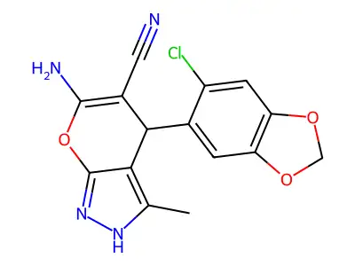 6-amino-4-(6-chloro-1,3-benzodioxol-5-yl)-3-methyl-1,4-dihydropyrano[2,3-c]pyrazole-5-carbonitrile structure