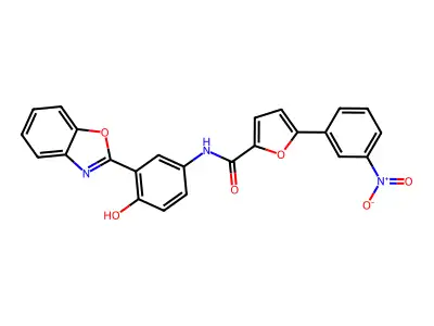 N-(3-(Benzo[d]oxazol-2-yl)-4-hydroxyphenyl)-5-(3-nitrophenyl)furan-2-carboxamide structure
