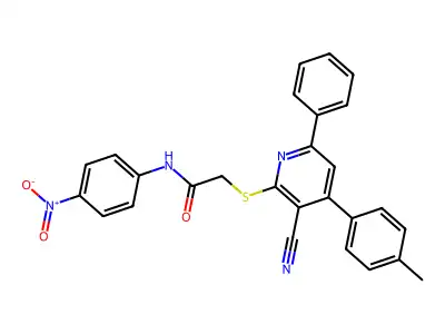 2-((3-Cyano-6-phenyl-4-(p-tolyl)pyridin-2-yl)thio)-N-(4-nitrophenyl)acetamide structure