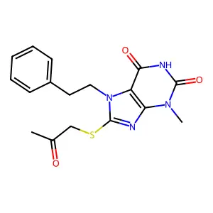 3-methyl-8-((2-oxopropyl)thio)-7-phenethyl-1H-purine-2,6(3H,7H)-dione structure