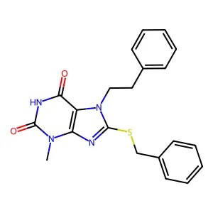 8-(benzylthio)-3-methyl-7-phenethyl-1H-purine-2,6(3H,7H)-dione structure