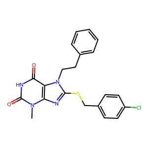 8-((4-chlorobenzyl)thio)-3-methyl-7-phenethyl-1H-purine-2,6(3H,7H)-dione structure