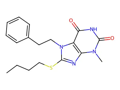 8-(butylsulfanyl)-3-methyl-7-(2-phenylethyl)-3,7-dihydro-1H-purine-2,6-dione structure