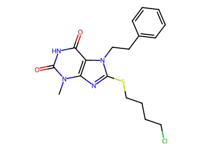 8-[(4-chlorobutyl)sulfanyl]-3-methyl-7-(2-phenylethyl)-3,7-dihydro-1H-purine-2,6-dione structure