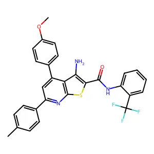 3-Amino-4-(4-methoxyphenyl)-6-(p-tolyl)-N-(2-(trifluoromethyl)phenyl)thieno[2,3-b]pyridine-2-carboxamide structure