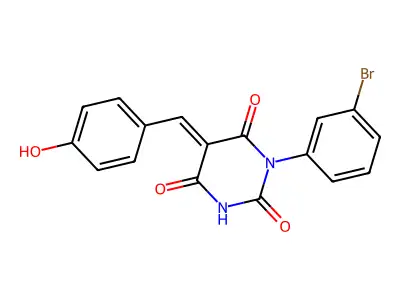 (5E)-1-(3-bromophenyl)-5-(4-hydroxybenzylidene)pyrimidine-2,4,6(1H,3H,5H)-trione structure