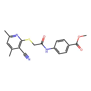 Methyl 4-(2-((3-cyano-4,6-dimethylpyridin-2-yl)thio)acetamido)benzoate structure
