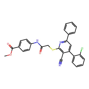 Methyl 4-(2-((4-(2-chlorophenyl)-3-cyano-6-phenylpyridin-2-yl)thio)acetamido)benzoate structure