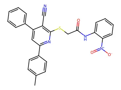 2-((3-Cyano-4-phenyl-6-(p-tolyl)pyridin-2-yl)thio)-N-(2-nitrophenyl)acetamide structure
