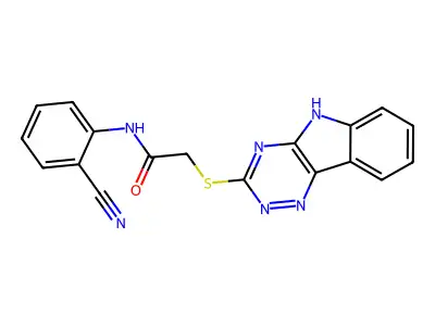 N-(2-cyanophenyl)-2-(5H-[1,2,4]triazino[5,6-b]indol-3-ylsulfanyl)acetamide structure