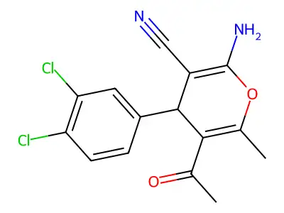 5-acetyl-2-amino-4-(3,4-dichlorophenyl)-6-methyl-4H-pyran-3-carbonitrile structure