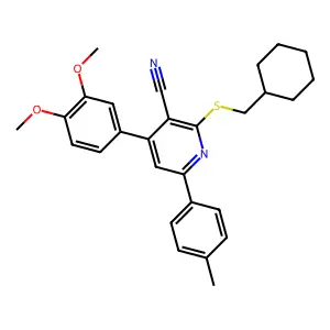2-((Cyclohexylmethyl)thio)-4-(3,4-dimethoxyphenyl)-6-(p-tolyl)nicotinonitrile structure