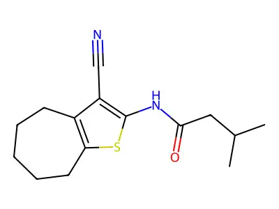 N-(3-cyano-5,6,7,8-tetrahydro-4H-cyclohepta[b]thiophen-2-yl)-3-methylbutanamide structure