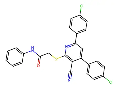 2-((4,6-Bis(4-chlorophenyl)-3-cyanopyridin-2-yl)thio)-N-phenylacetamide structure