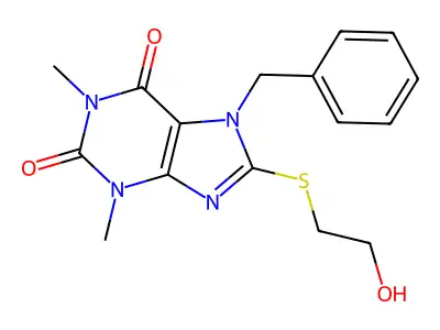 7-benzyl-8-((2-hydroxyethyl)thio)-1,3-dimethyl-1H-purine-2,6(3H,7H)-dione structure