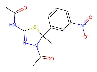 N-[4-acetyl-5-methyl-5-(3-nitrophenyl)-1,3,4-thiadiazol-2-yl]acetamide structure