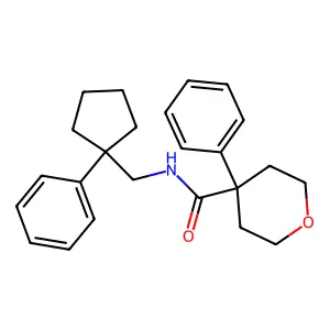 4-phenyl-N-[(1-phenylcyclopentyl)methyl]oxane-4-carboxamide structure